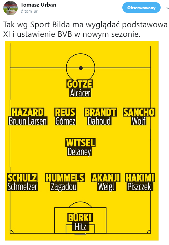 Podstawowa XI i ustawienie BVB w nowym sezonie według ''Sport Bild''